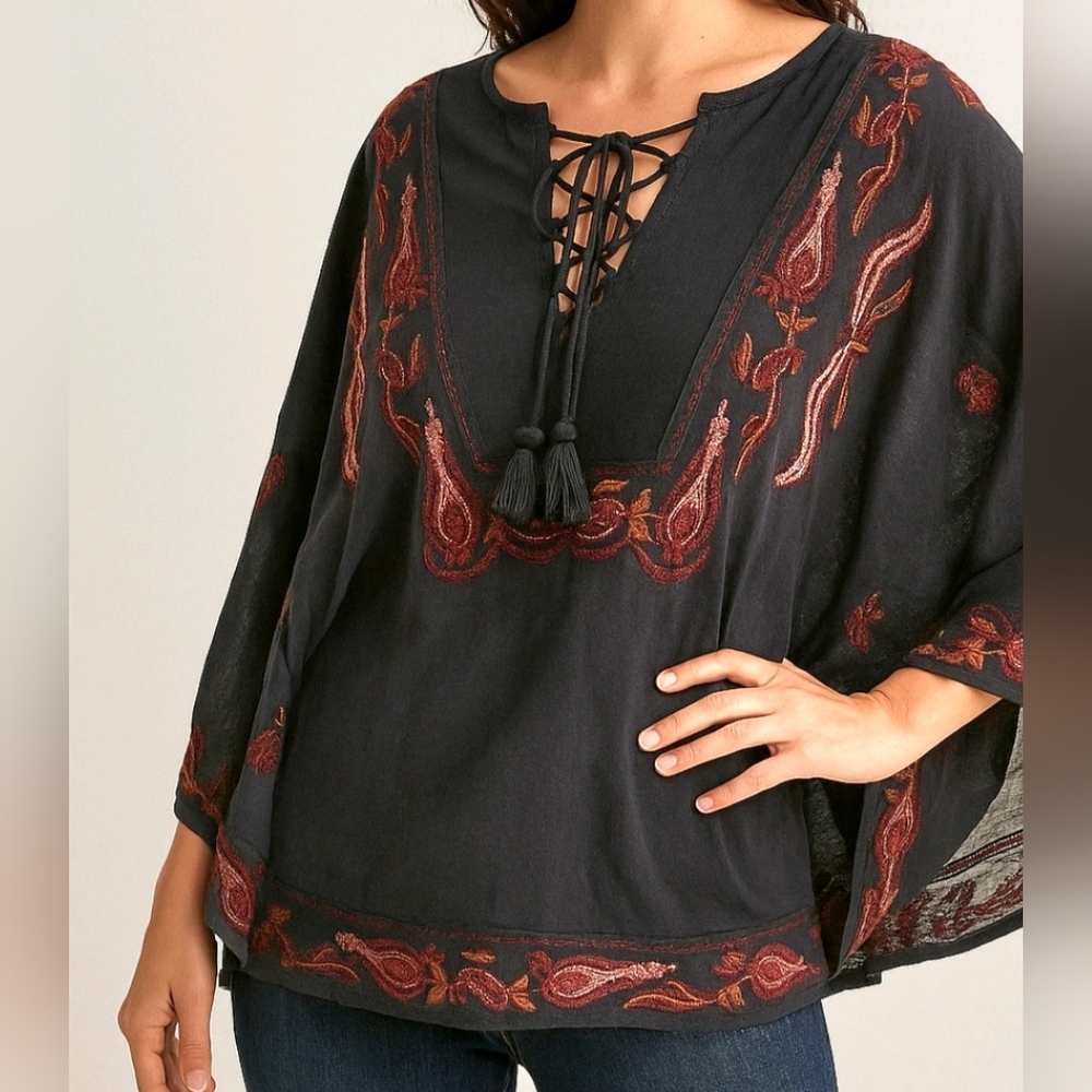 Lucky Brand Blouse Blue Boho Multicolor Embroidered Lace Up Neck 3/4 Ruffle S…